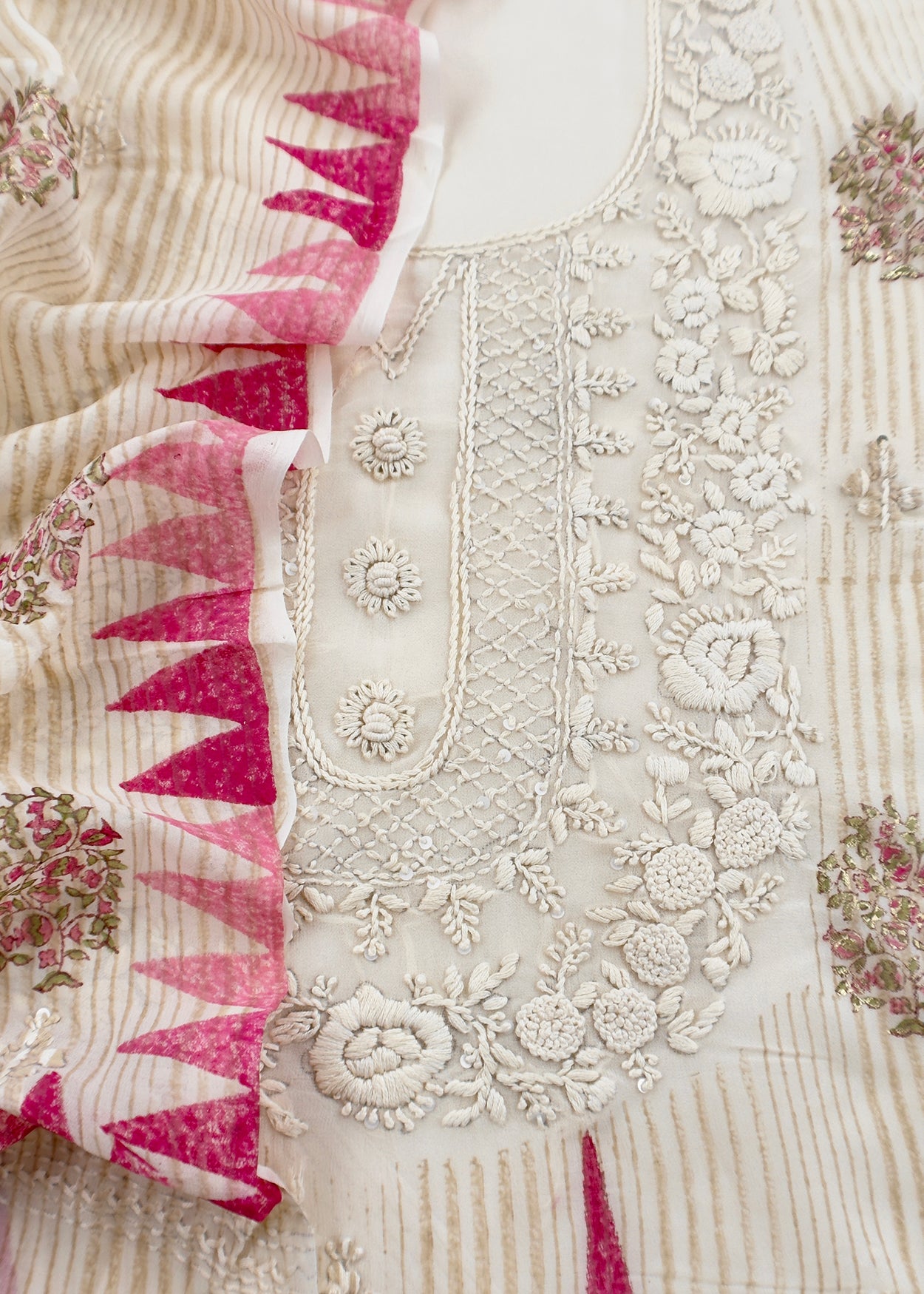 White With Pink Handloom Georgette Suit With Thread Embroidery