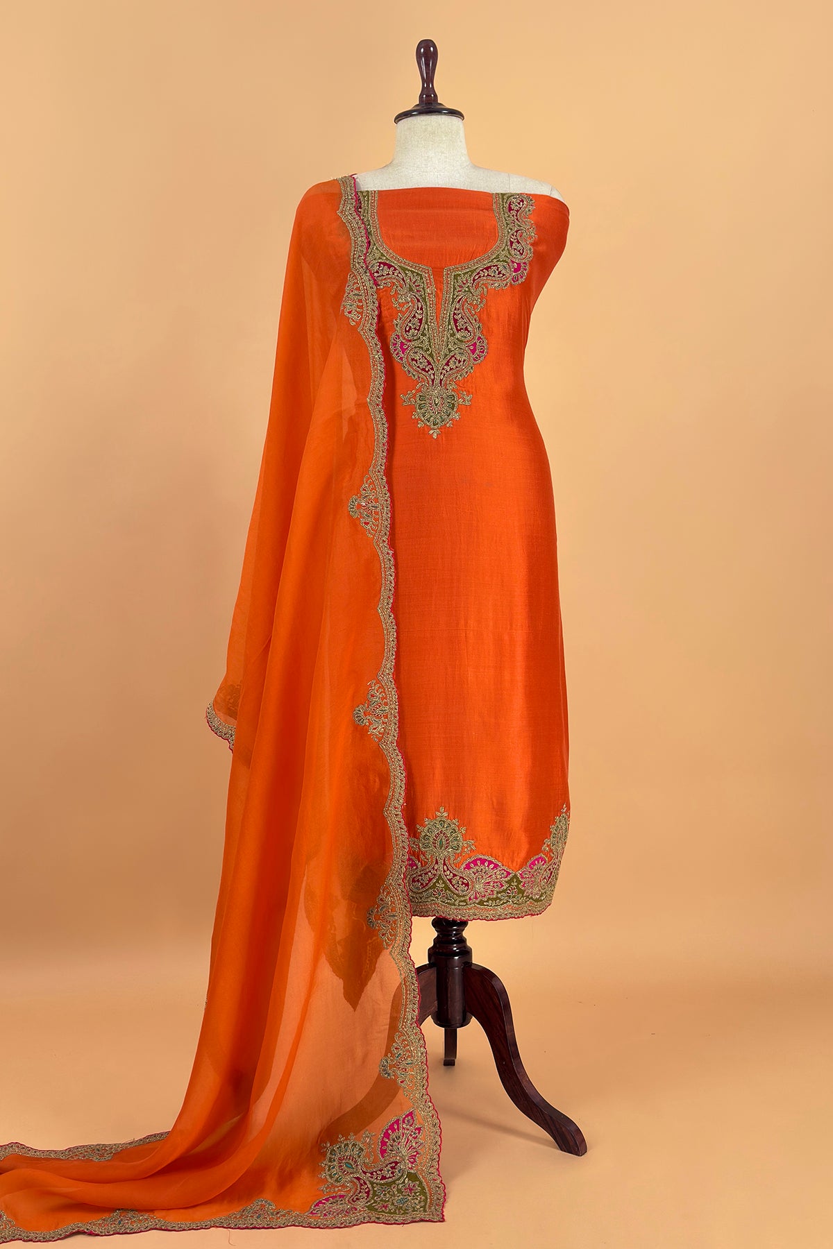 Orange Pure Silk Suit With Gota Tilla Embroidery