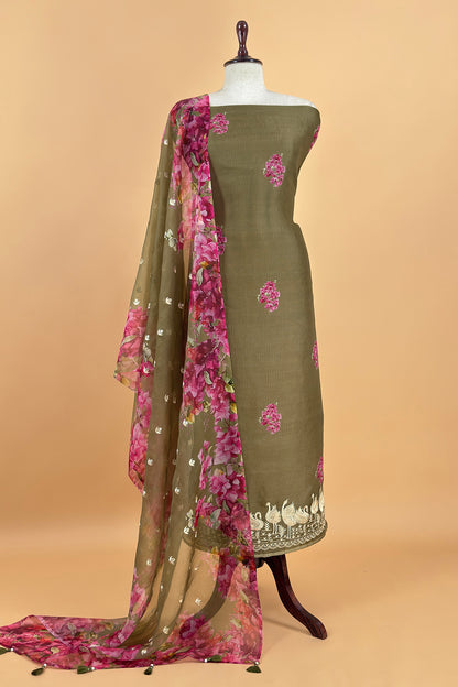 Mehndi Green Pure Kora Silk Suit With Parsi Embroidery