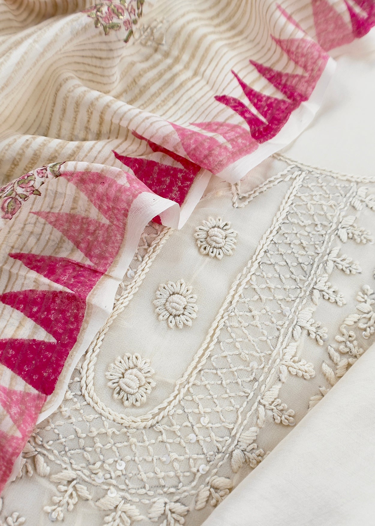 White With Pink Handloom Georgette Suit With Thread Embroidery