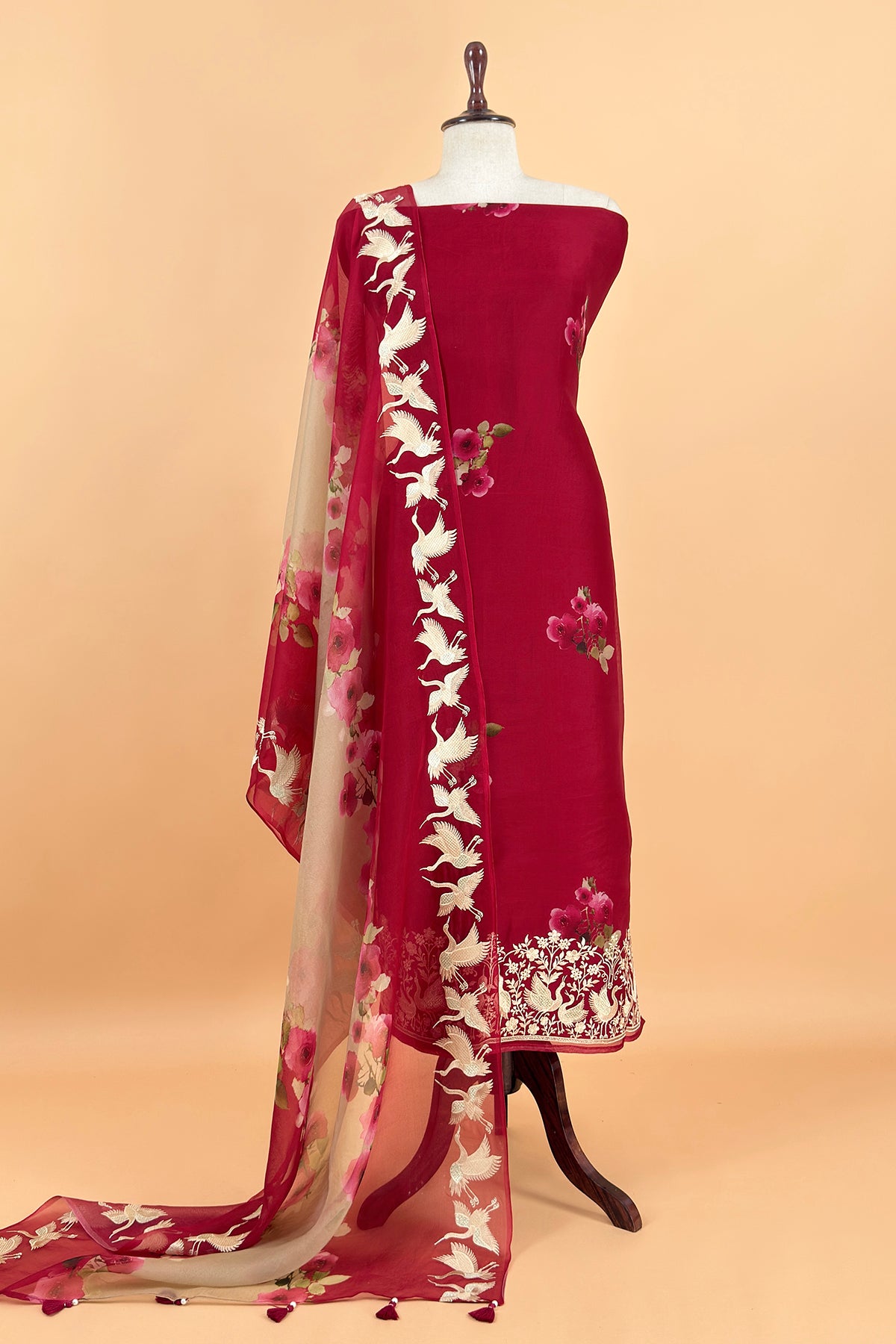 Red Pure Kora Silk Suit With Flamingo Embroidery