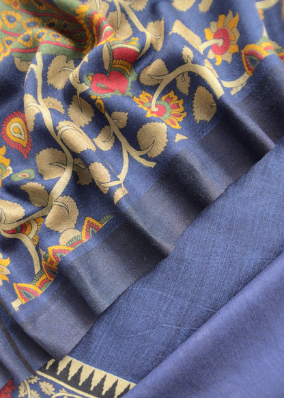 Blue Pure Pashmina Unstitched Suits With Kalamkari Dupatta