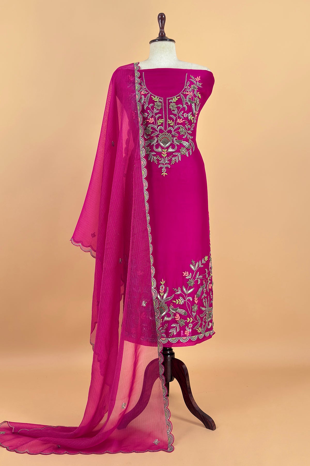 Pink Handloom Kora Silk Suit With Handwork Embroidery