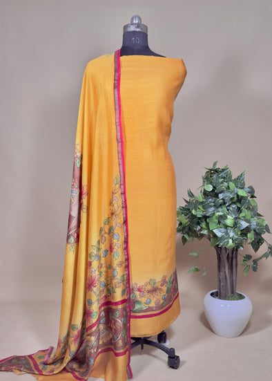 Orange Hand-Painted Kalamkari Suit In Maheshwari Silk