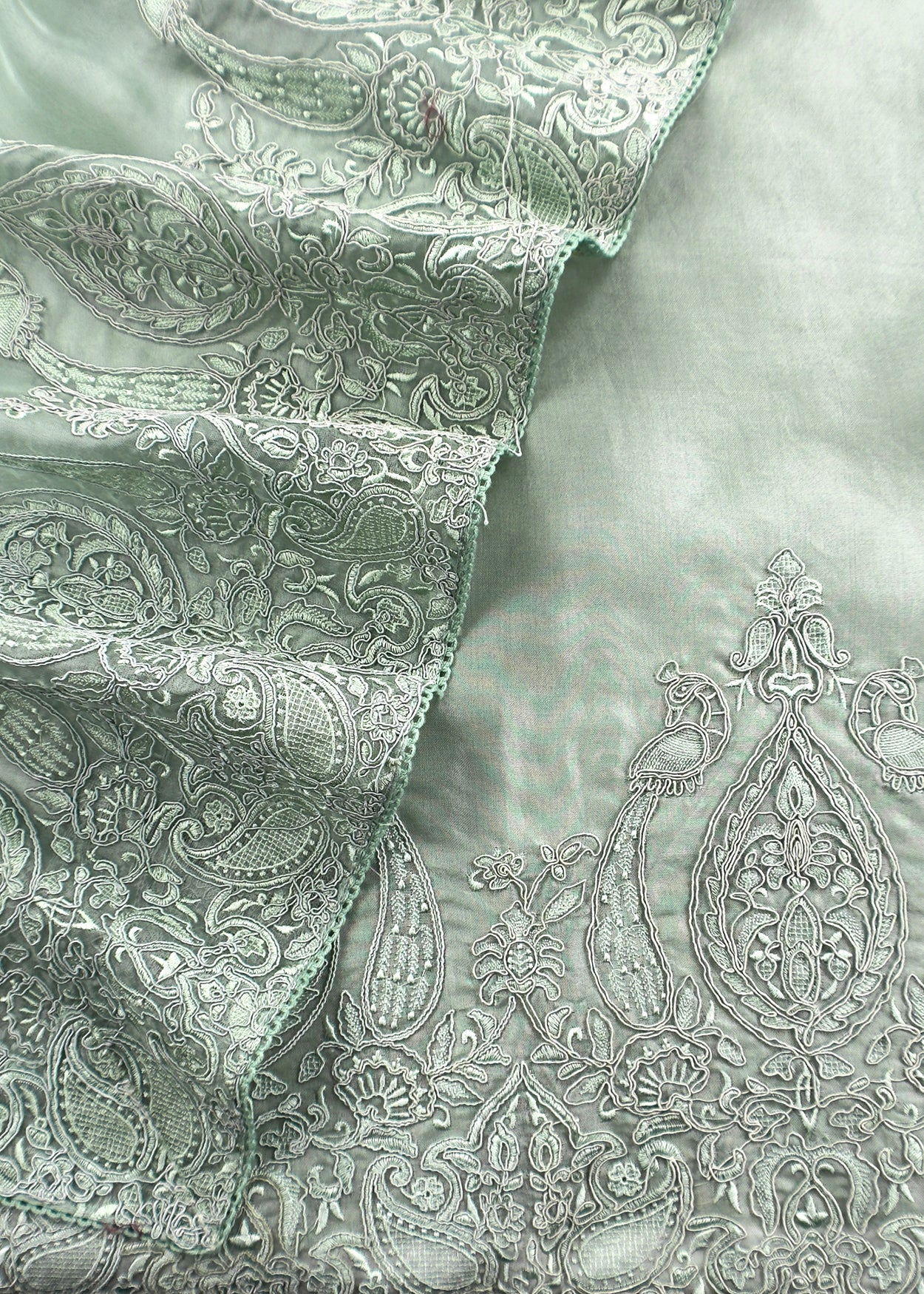 Mint Green Kalasheel Luxe Handloom Organza Suit With Garden French Embroidery