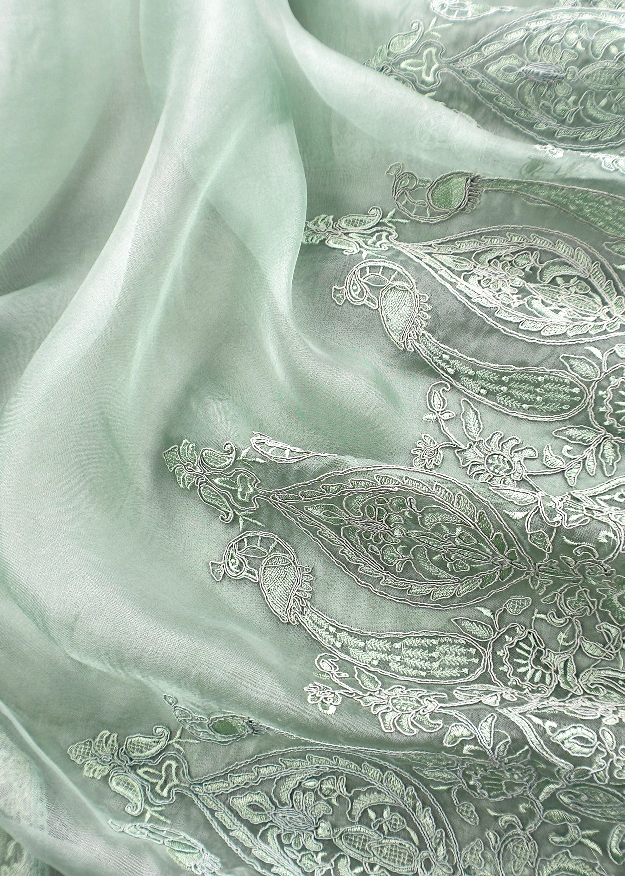 Mint Green Kalasheel Luxe Handloom Organza Suit With Garden French Embroidery