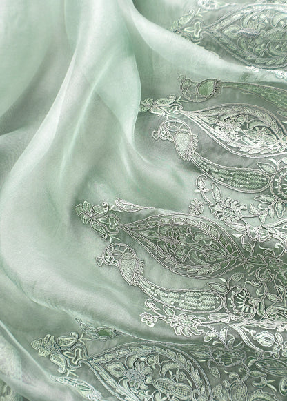 Mint Green Kalasheel Luxe Handloom Organza Suit With Garden French Embroidery