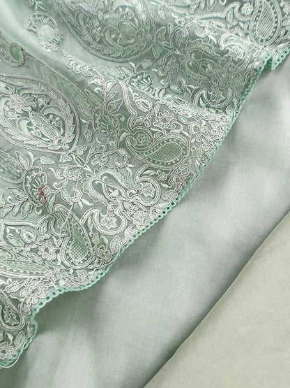 Mint Green Kalasheel Luxe Handloom Organza Suit With Garden French Embroidery