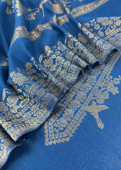 Blue Woolen Unstitched Suit With Kani Weaving