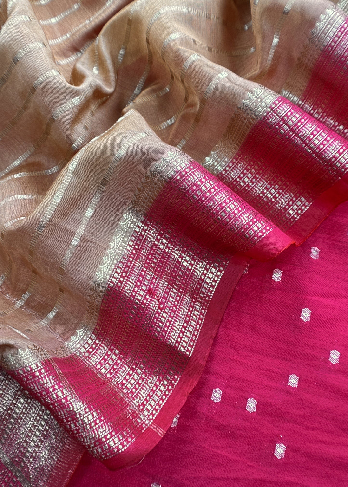 Pink And Medium Brown Banarasi Chanderi Suit With Contrast Dupatta
