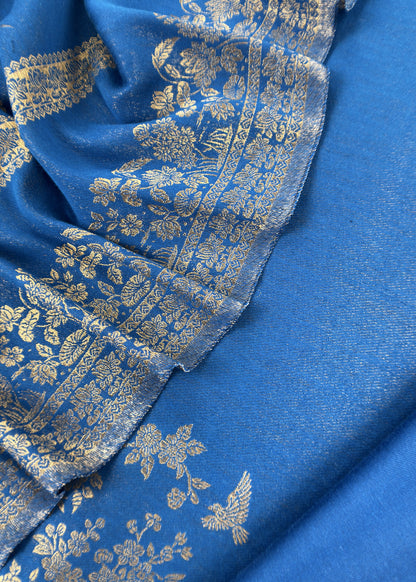 Blue Woolen Unstitched Suit With Kani Weaving