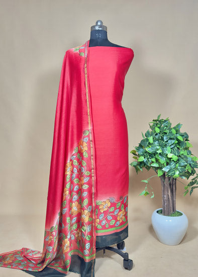 Red Hand-Painted Kalamkari Suit In Maheshwari Silk With Dupatta