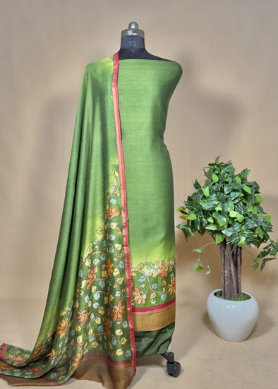 Green Hand-painted Kalamkari Suit In Maheshwari Silk