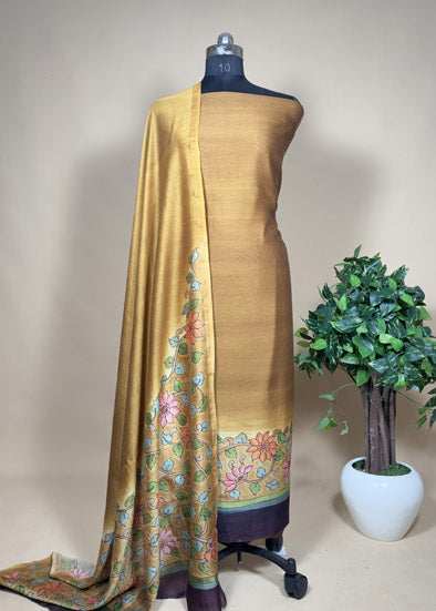 Brownish Yellow  Hand-Painted Kalamkari Suit In Maheshwari Silk