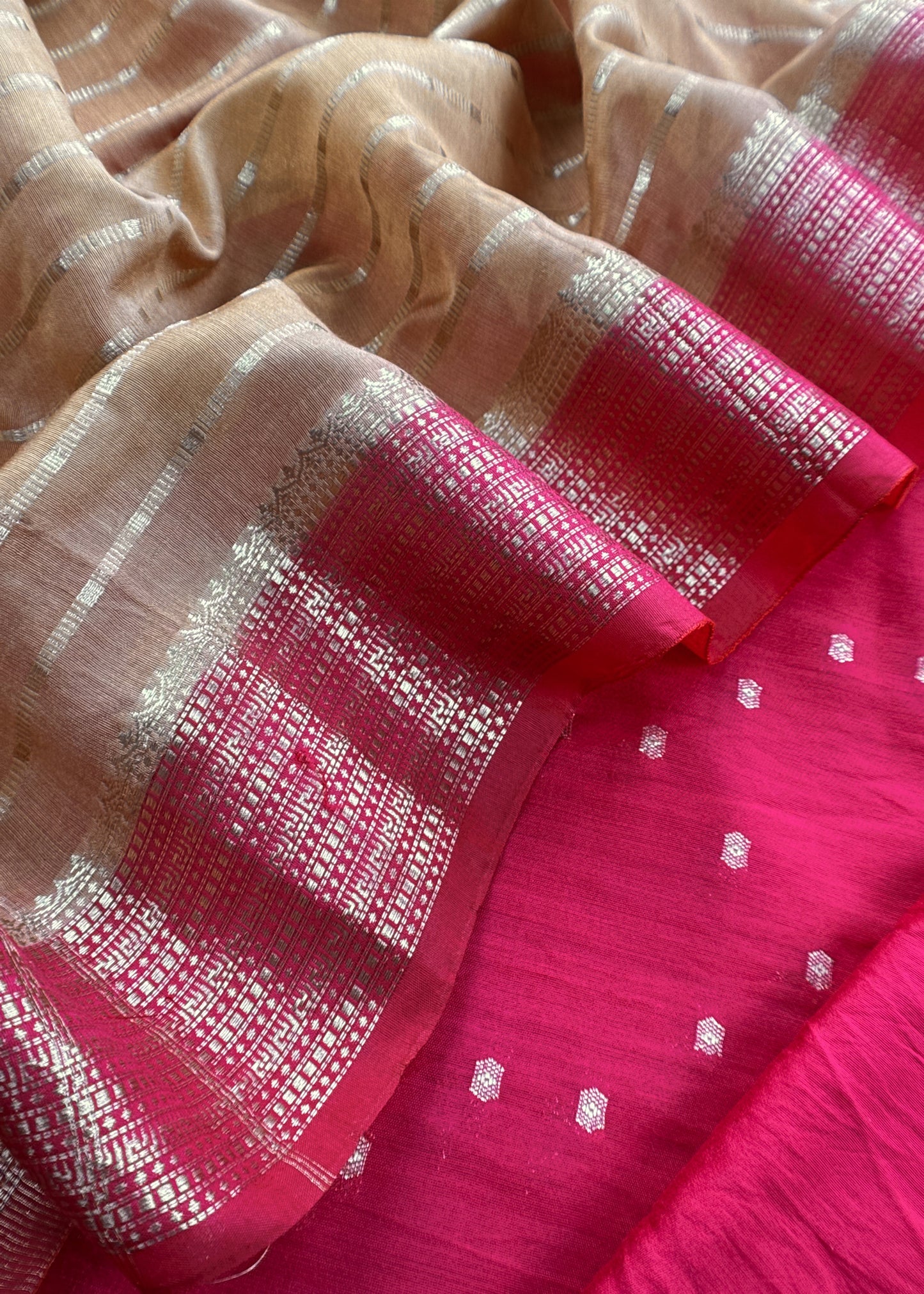 Pink And Medium Brown Banarasi Chanderi Suit With Contrast Dupatta