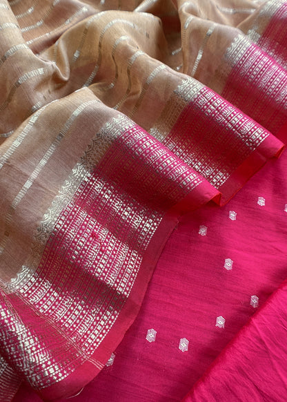 Pink And Medium Brown Banarasi Chanderi Suit With Contrast Dupatta