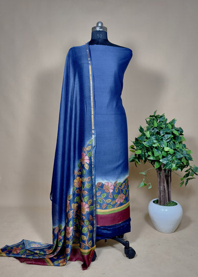 Blue Hand-Painted Kalamkari Suit In Maheshwari Silk