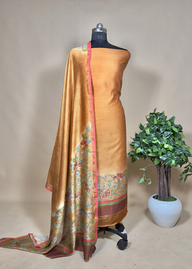 Yellow Hand-Painted Kalamkari Suit In Maheshwari Silk