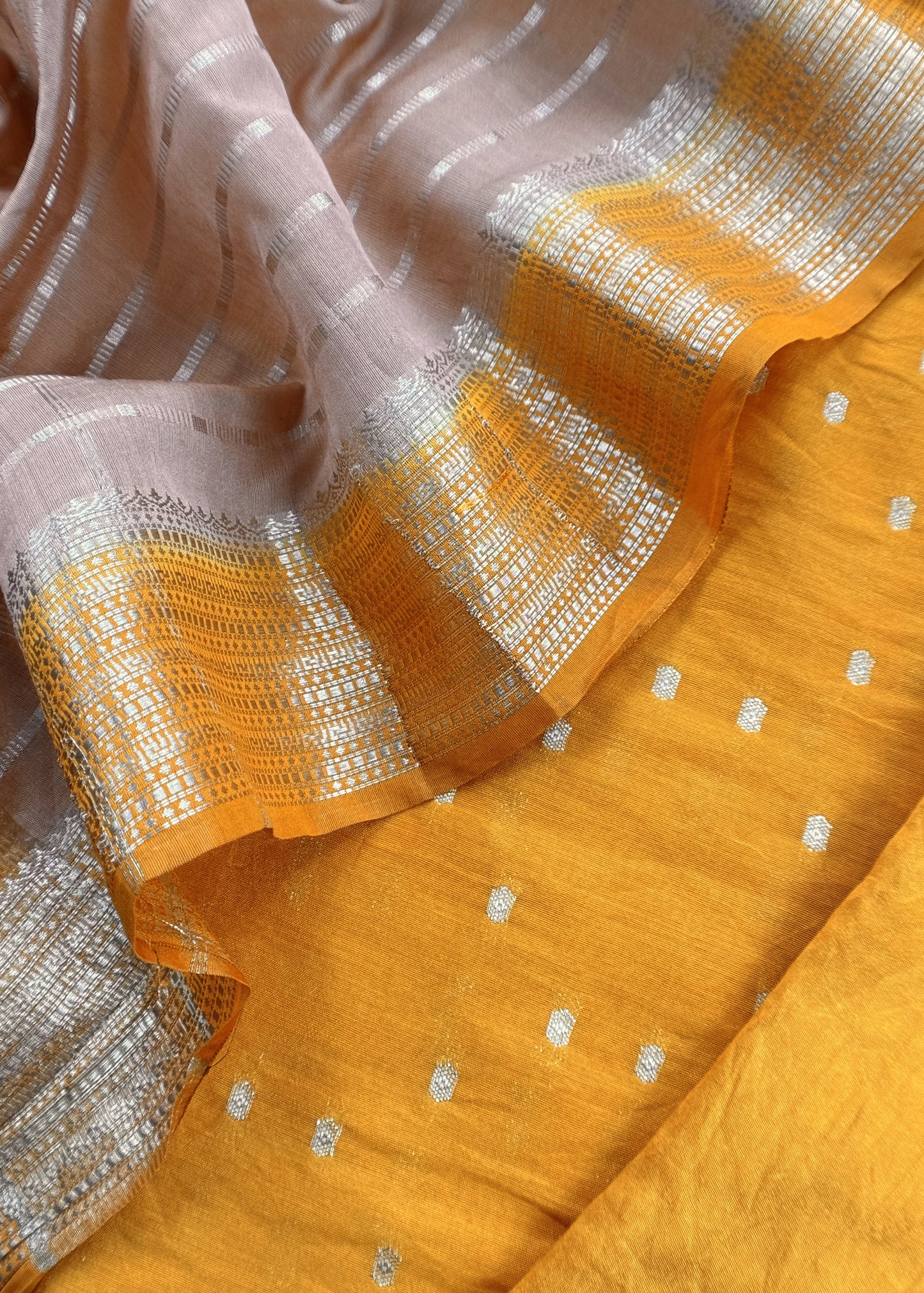 Yellow And Medium Brown Banarasi Chanderi Suit With Contrast Dupatta