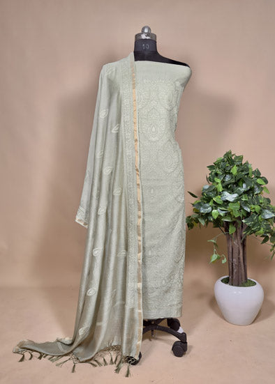 Pista Green Maheshwari Suit With Lakhnavi Embroidery