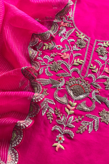 Pink Handloom Kora Silk Suit With Handwork Embroidery
