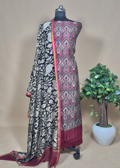 Red And Black Kalamkari Maheshwari Silk Suit