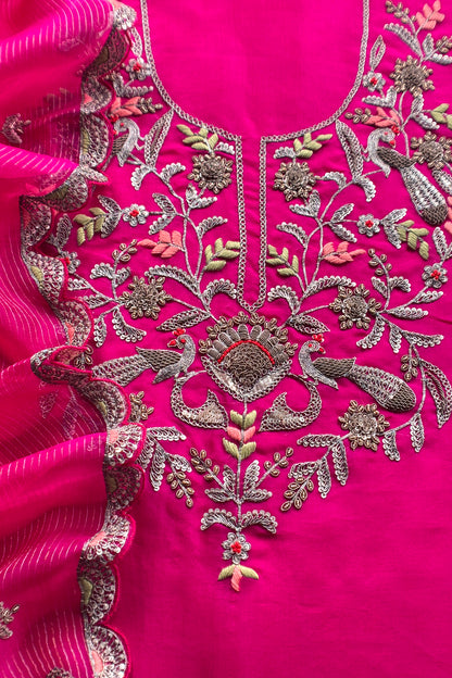 Pink Handloom Kora Silk Suit With Handwork Embroidery