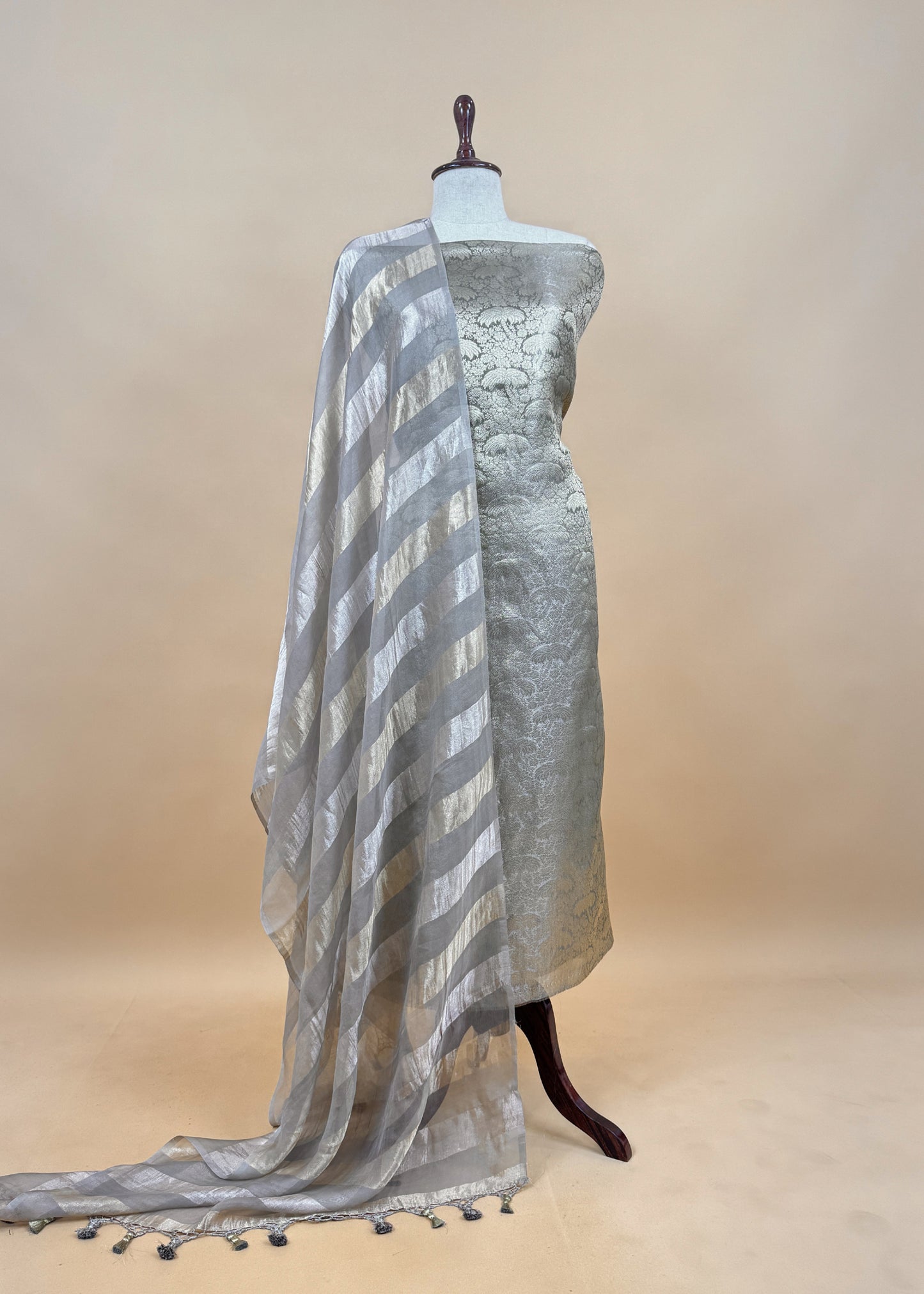 Teal Gery Pure Palm Trees Brocade Silk Kurta And Zari Panel Silk Dupatta