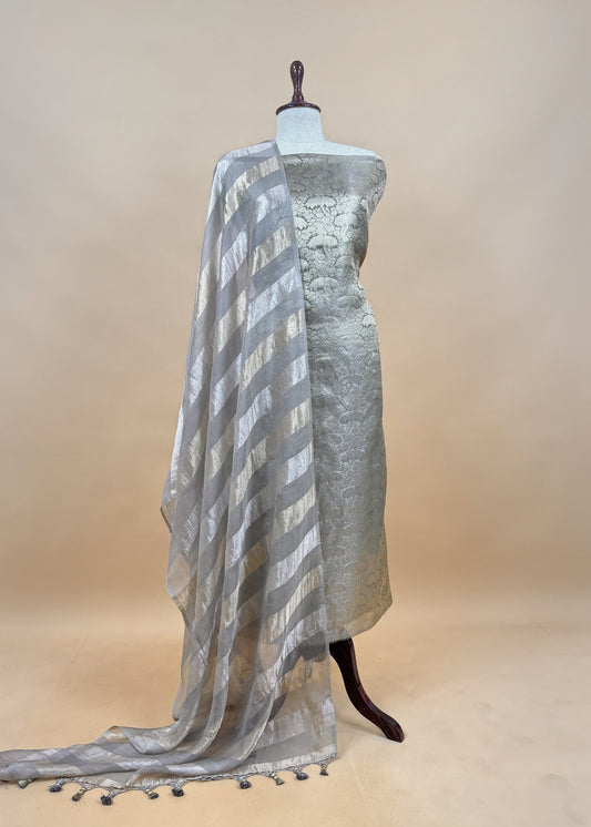 Teal Gery Pure Palm Trees Brocade Silk Kurta And Zari Panel Silk Dupatta