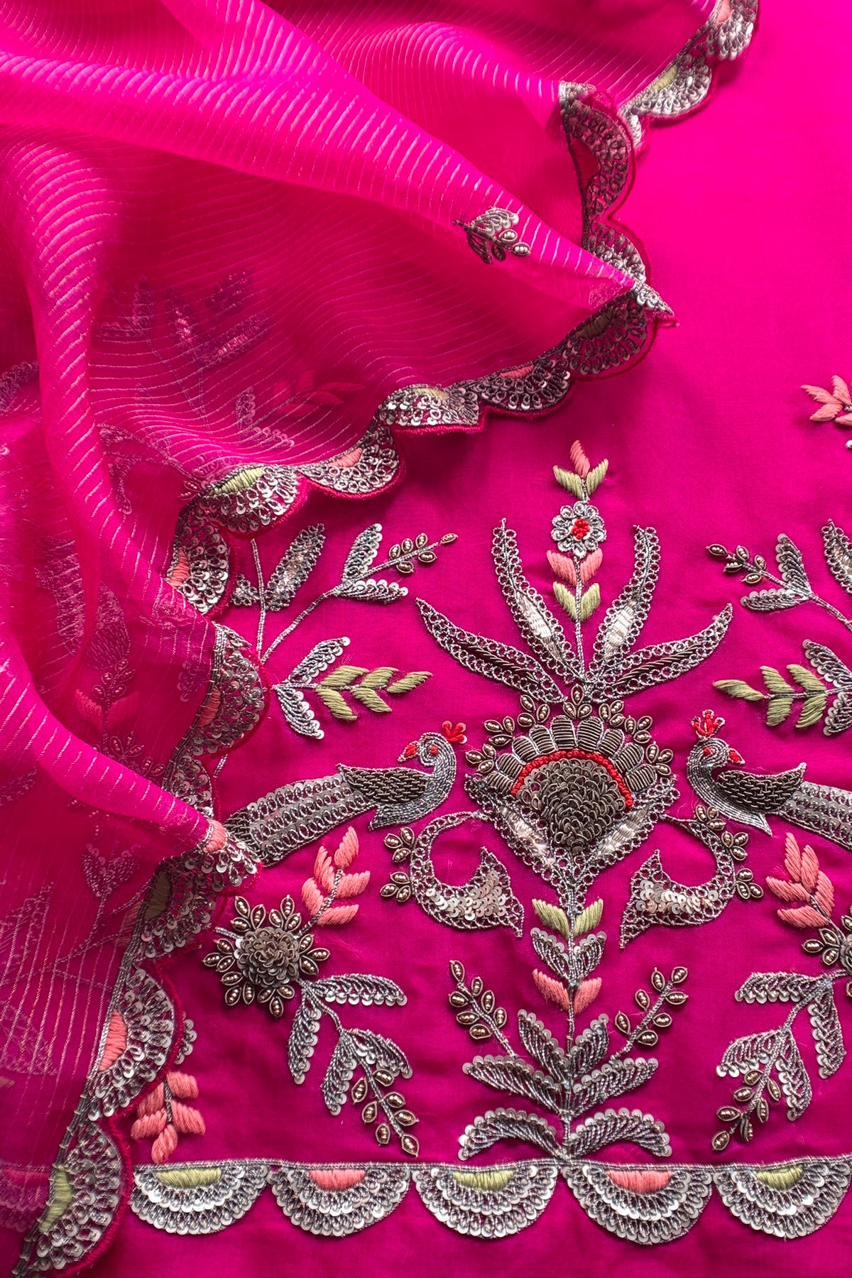 Pink Handloom Kora Silk Suit With Handwork Embroidery