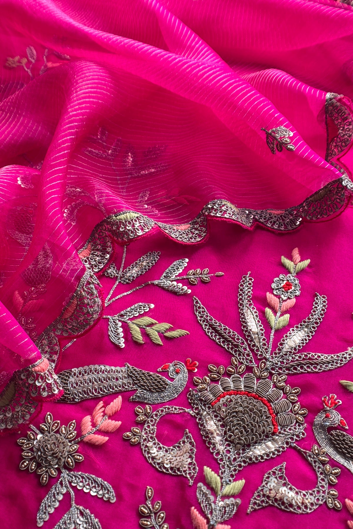 Pink Handloom Kora Silk Suit With Handwork Embroidery