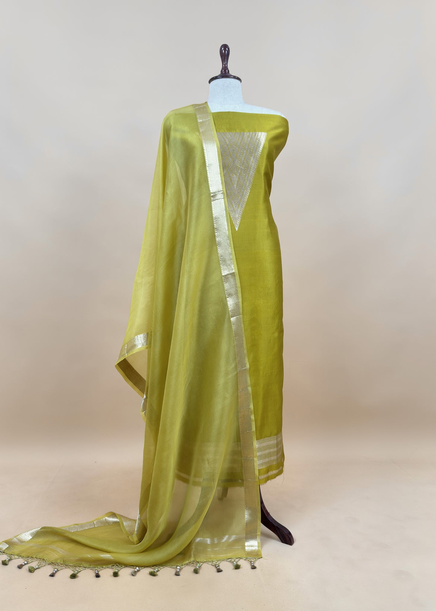 Pea Soup Green Designer Bright Handloom silk suit with Zari weaving