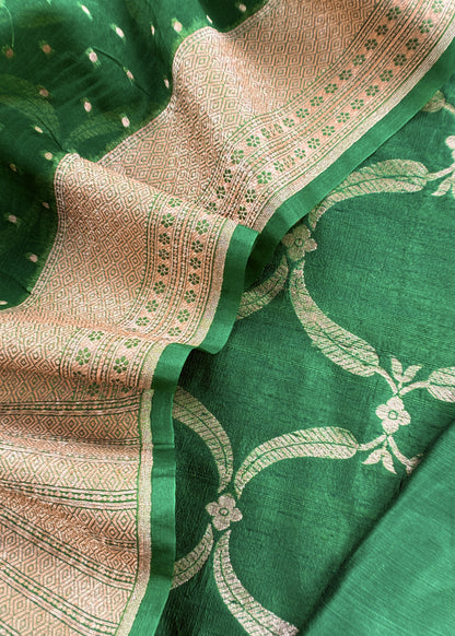 Green Pure Varanasi Silk Kurta And Kora Silk Dupatta With Cutwork Zari Weaving