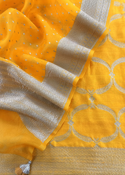 Yellow Pure Varanasi Silk Kurta And Kora Silk Dupatta With Cutwork Zari Weaving