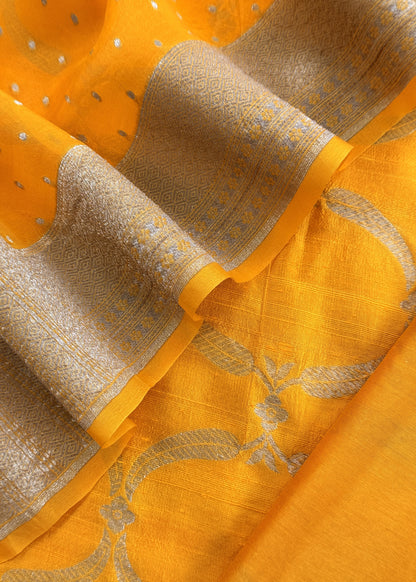 Yellow Pure Varanasi Silk Kurta And Kora Silk Dupatta With Cutwork Zari Weaving