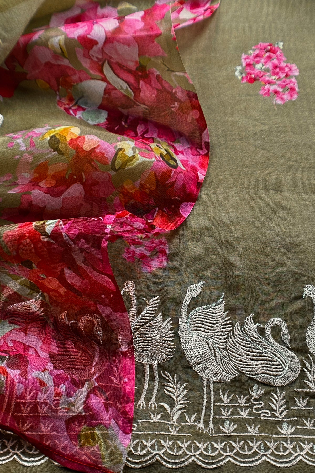 Mehndi Green Pure Kora Silk Suit With Parsi Embroidery