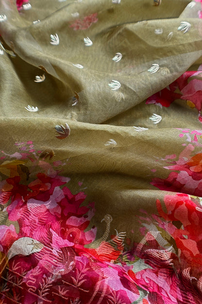 Mehndi Green Pure Kora Silk Suit With Parsi Embroidery