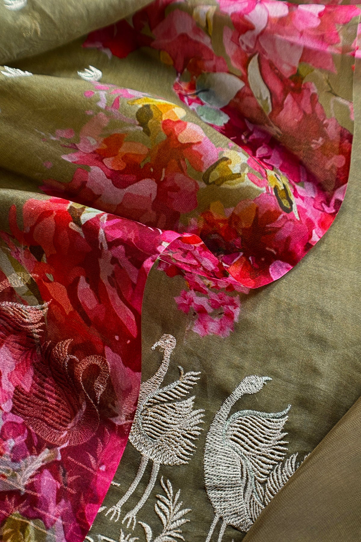 Mehndi Green Pure Kora Silk Suit With Parsi Embroidery