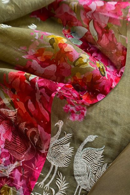 Mehndi Green Pure Kora Silk Suit With Parsi Embroidery