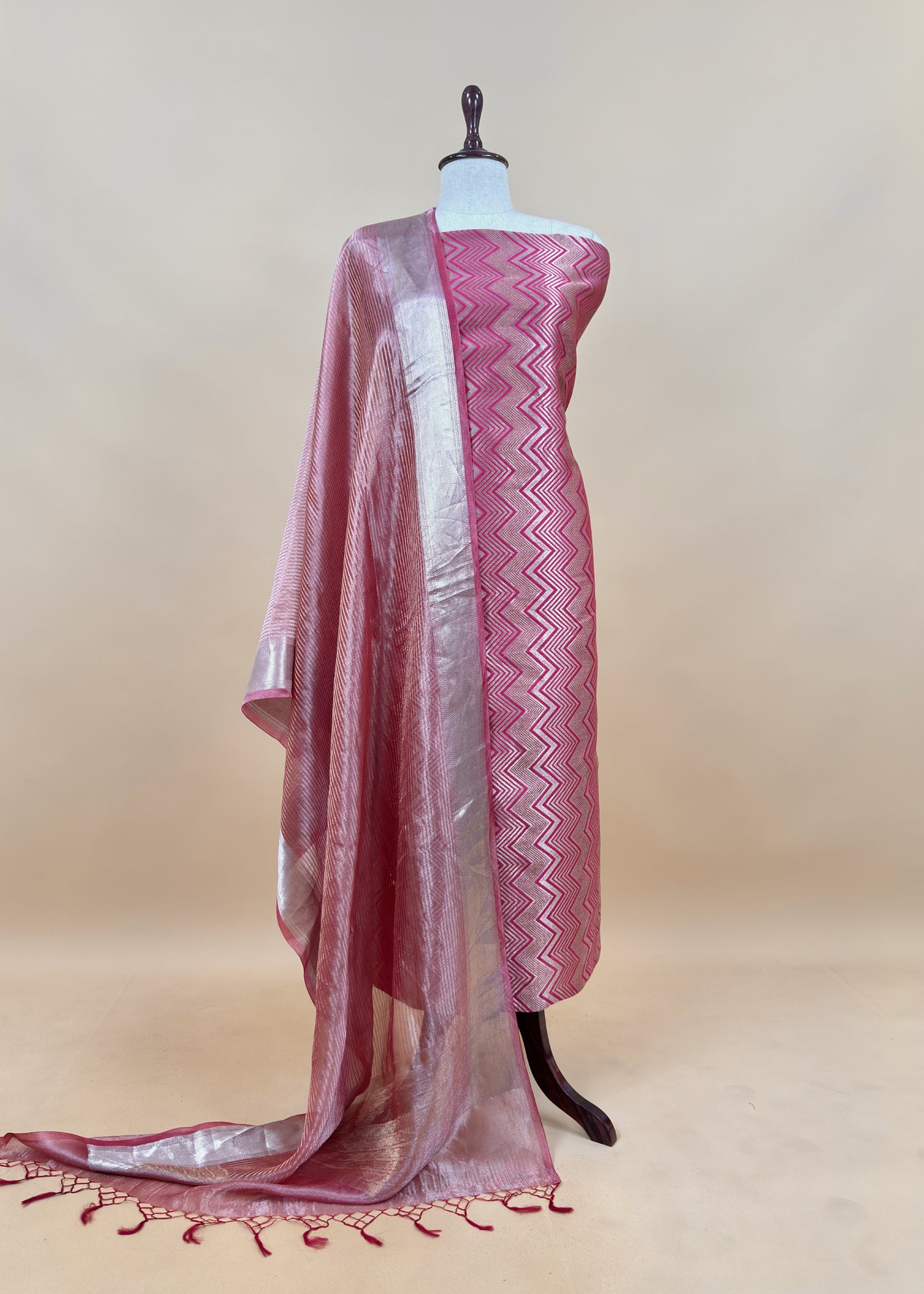 Deep Pink Designer Pure Brocade Silk Kurta And Tissue Silk Dupatta