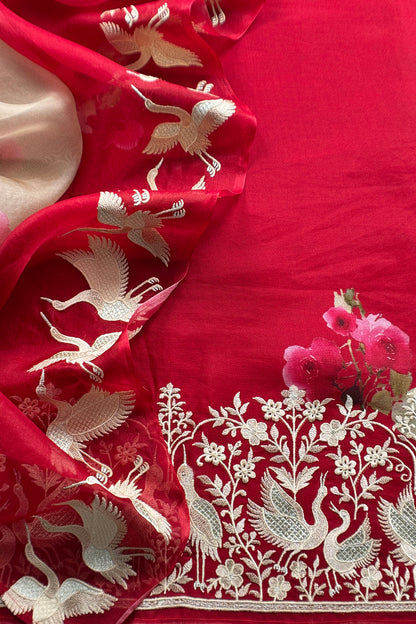 Red Pure Kora Silk Suit With Flamingo Embroidery