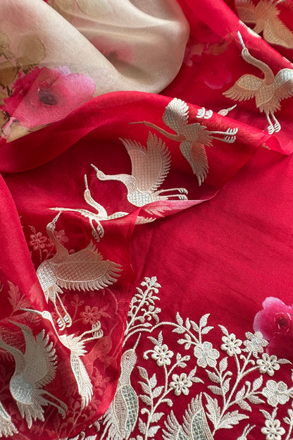 Red Pure Kora Silk Suit With Flamingo Embroidery