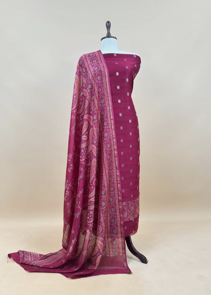 Wine Maheshwari Silk Suit With Banarasi Bootis