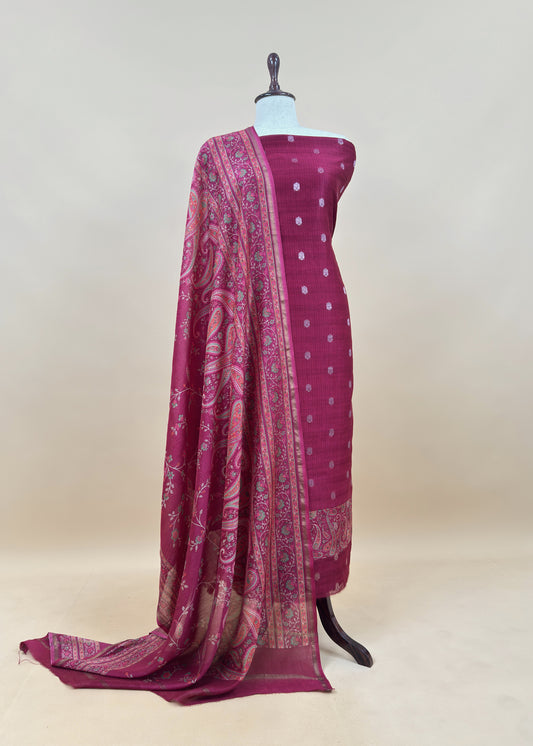 Wine Maheshwari Silk Suit With Banarasi Bootis