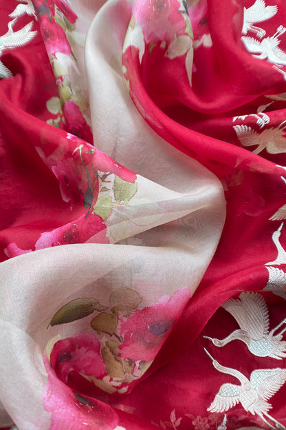Red Pure Kora Silk Suit With Flamingo Embroidery