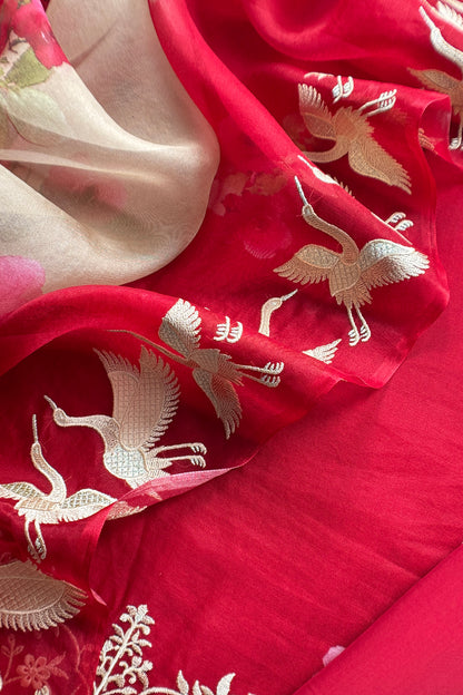 Red Pure Kora Silk Suit With Flamingo Embroidery
