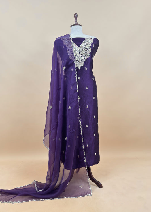 Purple Pura Silk Suit With Dori Handwork Embroidery