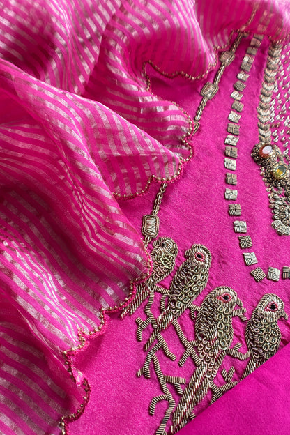 Pink Tissue Silk Unstitched Suit With Zardosi And Jadau Navratna Handwork