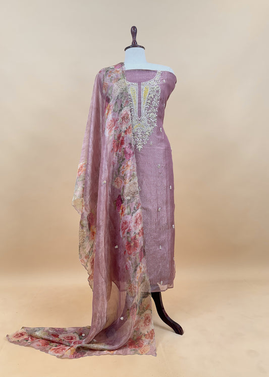 Light Pink Pure Crushed Tissue Kurta And Brush-Print Dupatta With Handwork