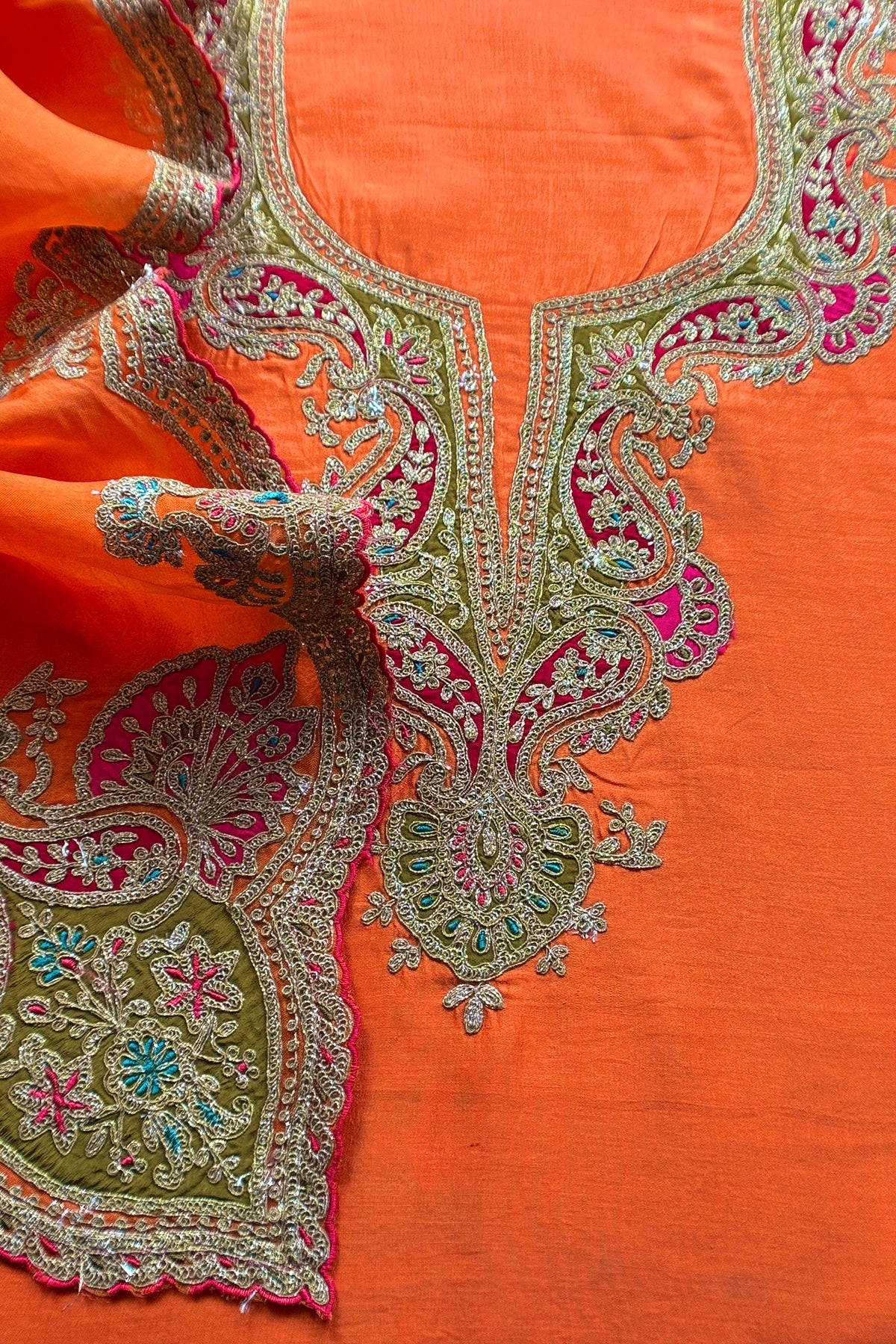 Orange Pure Silk Suit With Gota Tilla Embroidery